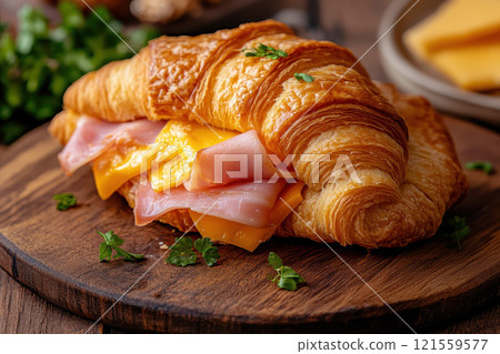 A delicious ham and cheese croissant sandwich captured in a close-up realistic photo against a white background . 121559577