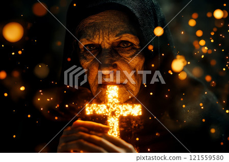 elderly Woman Holding a Glowing Cross. Symbol of Faith and Hope. 121559580