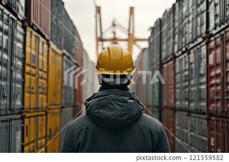 the logistic business owner is wearing a safety helmet in a cargo freight ship for import export container yard . the logistic business owner is wearing a safety helmet in a cargo freight ship for import export container yard . 121559582