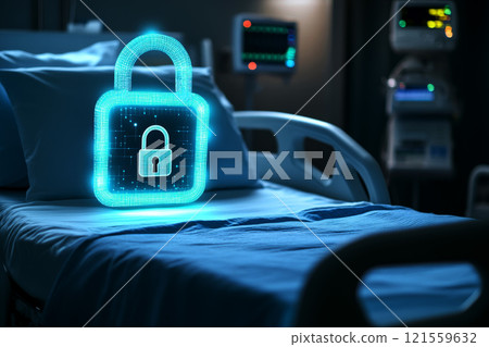 Digital lock over hospital bed symbolizing healthcare data security. Data privacy for patients. 121559632
