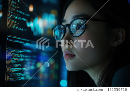 A Focused Female Programmer With Glasses Immersed in Coding at a Tech Workspace. 121559716