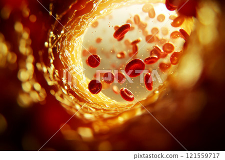 Clogged artery and atherosclerosis disease medical concept with a three dimensional human artery with blood cells that is blocked by plaque buildup of cholesterol. Generative AI Clogged artery and atherosclerosis disease medical concept with a three dimensional human artery with blood cells that is blocked by plaque buildup of cholesterol. Generative AI 121559717