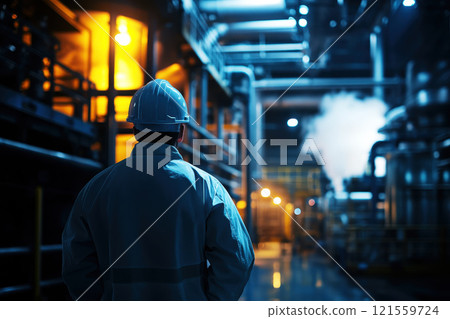 engineer or technician in safety vest stand in front of petrochemical factory. 121559724