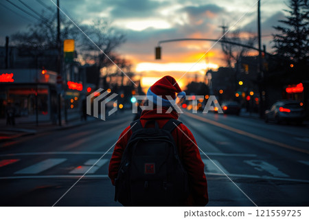 man wearing Santa Claus costume standing on a city street in an winter evening. man wearing Santa Claus costume standing on a city street in an winter evening. 121559725
