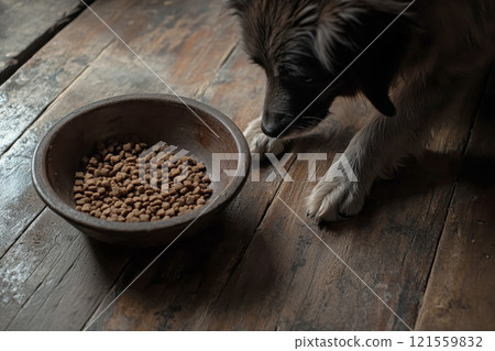 Black and white dog looking at bowl of dog food. highlighting the pet's anticipation and curiosity toward the meal. 121559832