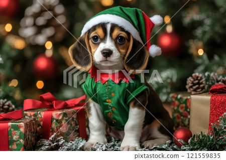 Beagle puppy posing with Christmas presents in elf costume 121559835