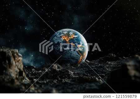 A view of Earth from the moon's surface, with the planet hanging in the night sky, surrounded by a starry nebula. 121559879