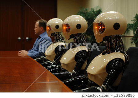 People and artificial intelligence futuristic robot working together in office, Generative AI. 121559896