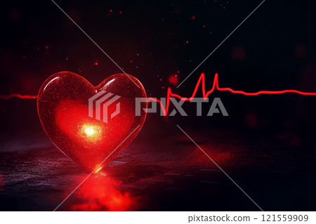 Heart health concept a heart shape on an electrocardiogram on isolated black background. 121559909