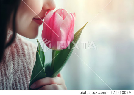 A single tulip held by a woman providing for text or design, viewed from above. image with copy space 121560039