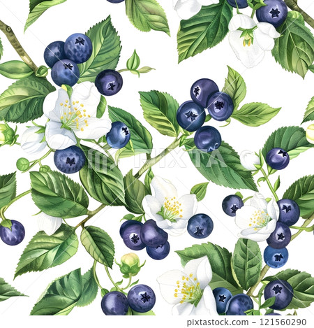 A vibrant berry-themed pattern featuring blueberries, blackcurrants, and other fresh fruits with leaves, branches, and a summer garden vibe 121560290