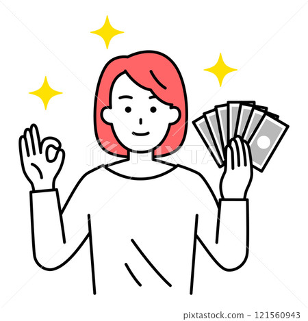 Casual woman holding money and making an OK sign 121560943