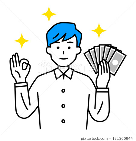 Casual man holding money and making an OK sign 121560944