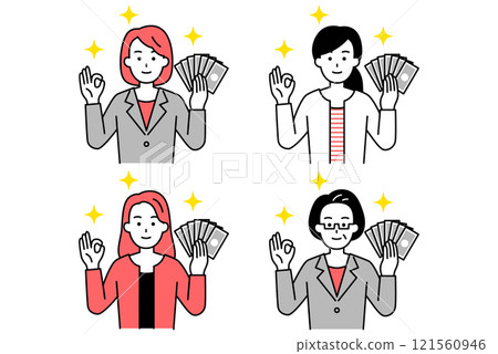 4 名穿著西裝的女性拿著錢並做出 OK 的手勢 121560946
