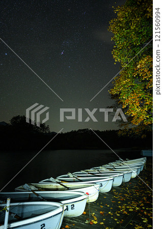 Looking up at the starry sky from the lakeside at Goshikinuma 121560994