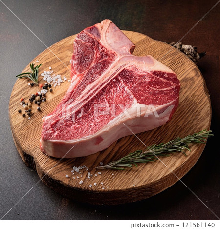 Raw t-bone beef on the wooden plate 121561140