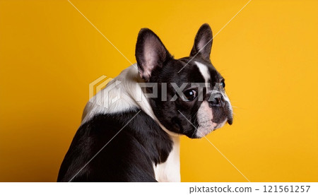 French bulldog sitting on the yellow background 121561257
