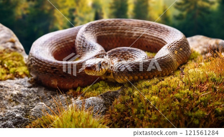A snake lying on the grass 121561284