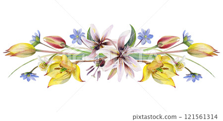 Spring flowers, yellow and red tulip crocus saffron, erythronium fawn trout lily, grass blades hand drawn in watercolor. Composition illustration isolated on white. Wedding, florist shop, stationery Spring flowers, yellow and red tulip crocus saffron, erythronium fawn trout lily, grass blades hand drawn in watercolor. Composition illustration isolated on white. Wedding, florist shop, stationery 121561314
