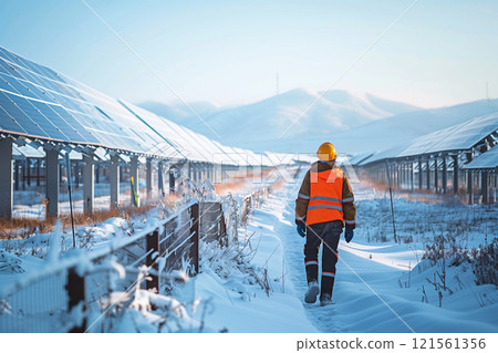 Construction worker walking through snow-covered solar field at industrial site 121561356