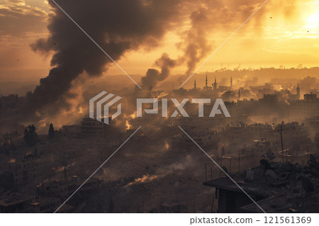 Dramatic scene of smoke rising after devastating air strikes in the urban area 121561369