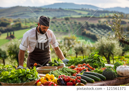 Chef collecting fresh organic vegetables in serene rural farm landscape Chef collecting fresh organic vegetables in serene rural farm landscape 121561371