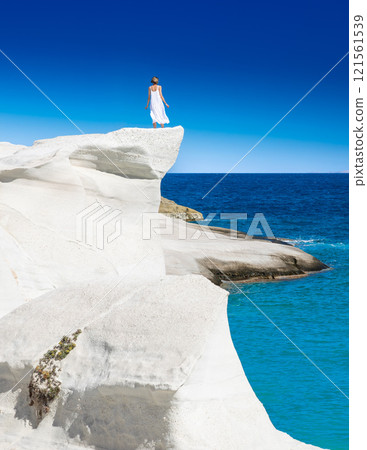 White chalk cliffs in Sarakiniko, Milos island, Cyclades, Greece 121561539