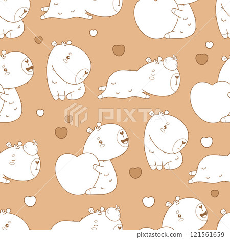 Outline Seamless pattern. Cute Capybara with heart and sleeping animal with tangerine on brown background. Vector illustration. Line drawing 121561659