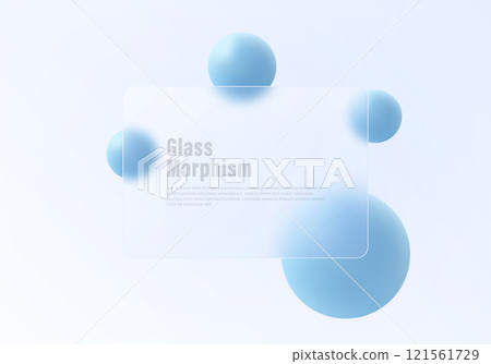 Website landing page template featuring glass morphism, with frosted glass partition and floating blue spheres. 121561729