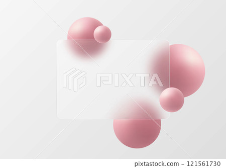 Glass morphism style website landing page template, gradient light background with transparent rectangular partition and floating pink spheres. 121561730