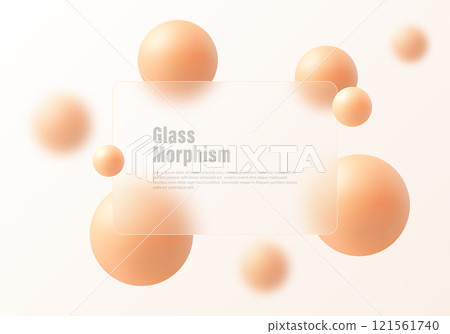 Website landing page template in glass morphism style, gradient light background with transparent rectangular partition and floating apricot colored spheres. Website landing page template in glass morphism style, gradient light background with transparent rectangular partition and floating apricot colored spheres. 121561740