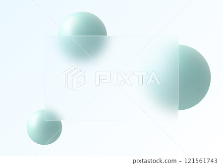 Website landing page template in glass morphism style, transparent rectangular banner and green spheres. Website landing page template in glass morphism style, transparent rectangular banner and green spheres. 121561743