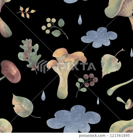 Autumn pattern with mushrooms, clouds, leaves and berries. Watercolor hand painted illustration with colored pencil texture. Muted color seamless pattern on black background 121561895