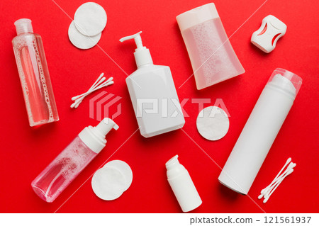 Mockup for bathing products top view flat lay, spa razor, toothpaste, soap, gel and other various accessories. Cosmetics for skin health. Bath Mockup for your logo 121561937