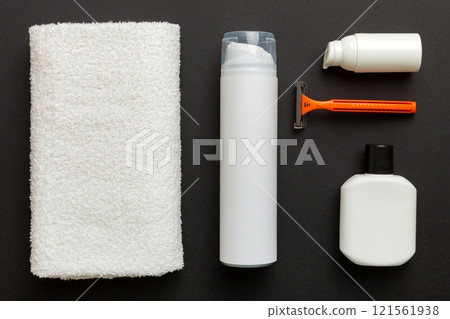 shaving man set. shaving machine, towel, lotion and shaving foam on colored background. Men bath Accessories top view shaving man set. shaving machine, towel, lotion and shaving foam on colored background. Men bath Accessories top view 121561938