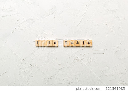 LIFE GOALS word written on wood block. LIFE GOALS text on table, concept LIFE GOALS word written on wood block. LIFE GOALS text on table, concept 121561985