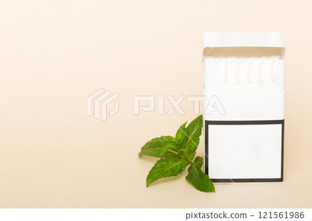 Pack of menthol cigarettes and fresh mint on colored table, Menthol cigarettes top view flat lay Pack of menthol cigarettes and fresh mint on colored table, Menthol cigarettes top view flat lay 121561986