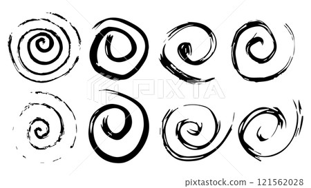 Set of hand drawn abstract doodle spiral, cicular brush stroke, swirls and circular shapes, black strokes in the form of curls for design, swirls in grunge style, hypnotic spiral movement Set of hand drawn abstract doodle spiral, cicular brush stroke, swirls and circular shapes, black strokes in the form of curls for design, swirls in grunge style, hypnotic spiral movement 121562028