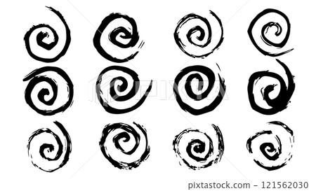 Collection of spirals drawn in ink with wide brush, set of spiral and swirl motion brush drawn elements, black strokes in the form of curls for design, swirling grunge elements, concept of hypnosis Collection of spirals drawn in ink with wide brush, set of spiral and swirl motion brush drawn elements, black strokes in the form of curls for design, swirling grunge elements, concept of hypnosis 121562030