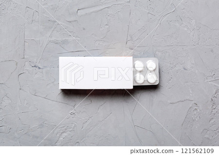 Blank White Product Package Box Mock-up. Open blank medicine drug box with blister top view 121562109