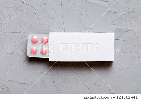 Blank White Product Package Box Mock-up. Open blank medicine drug box with blister top view 121562441