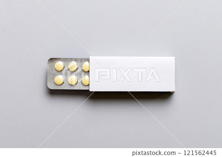 Blank White Product Package Box Mock-up. Open blank medicine drug box with blister top view 121562445