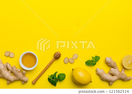 Natural cold and flu home remedies. Natural ingredients for immunity stimulation and viruses protection. top view flat lay Natural cold and flu home remedies. Natural ingredients for immunity stimulation and viruses protection. top view flat lay 121562514