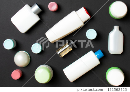 Group of plastic bodycare bottle Flat lay composition with cosmetic products on colored background empty space for you design. Set of White Cosmetic containers, top view with copy space 121562523
