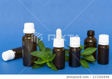 Natural Mint Essential Oil in a Glass Bottle. organic cosmetics with herbal extracts of mint on colored background 121562648