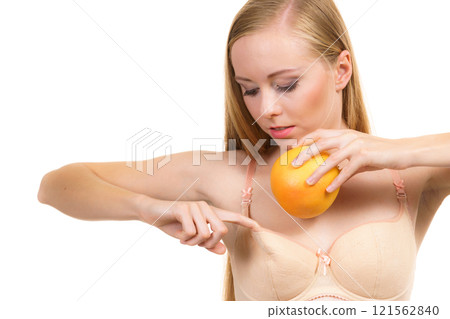 Woman small boobs puts big fruit in her bra Woman small boobs puts big fruit in her bra 121562840