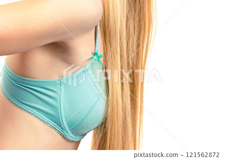 Girl long blond hair wearing bra Girl long blond hair wearing bra 121562872