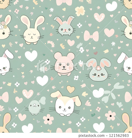 Seamless pattern of cute rabbits and bunnies in a fun and playful design perfect for Easter, featuring animals, pets, and cartoon-style illustrations in pink tones Seamless pattern of cute rabbits and bunnies in a fun and playful design perfect for Easter, featuring animals, pets, and cartoon-style illustrations in pink tones 121562983