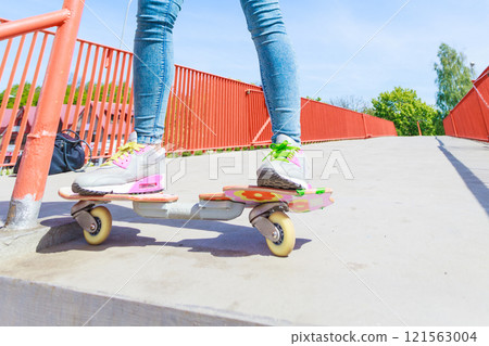 Human legs skater with skateboard on street. 121563004