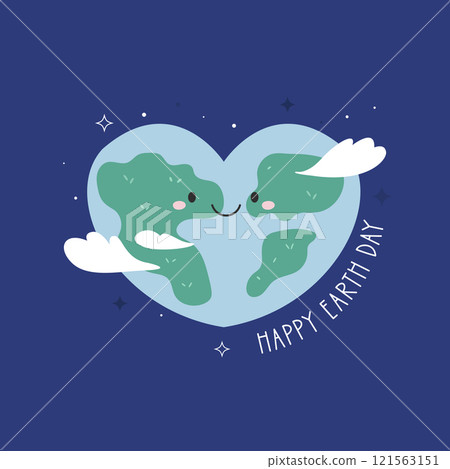 Cute Cartoon Illustration of Planet Earth and Text Happy Earth Day. Perfect for Earth Day and Climate Awareness Cute Cartoon Illustration of Planet Earth and Text Happy Earth Day. Perfect for Earth Day and Climate Awareness 121563151